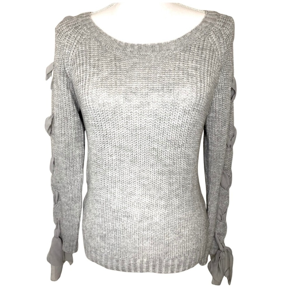 Love by Design Women Long Sleeve Crew Neck Sweater Size‎ Small Gray Ribbon